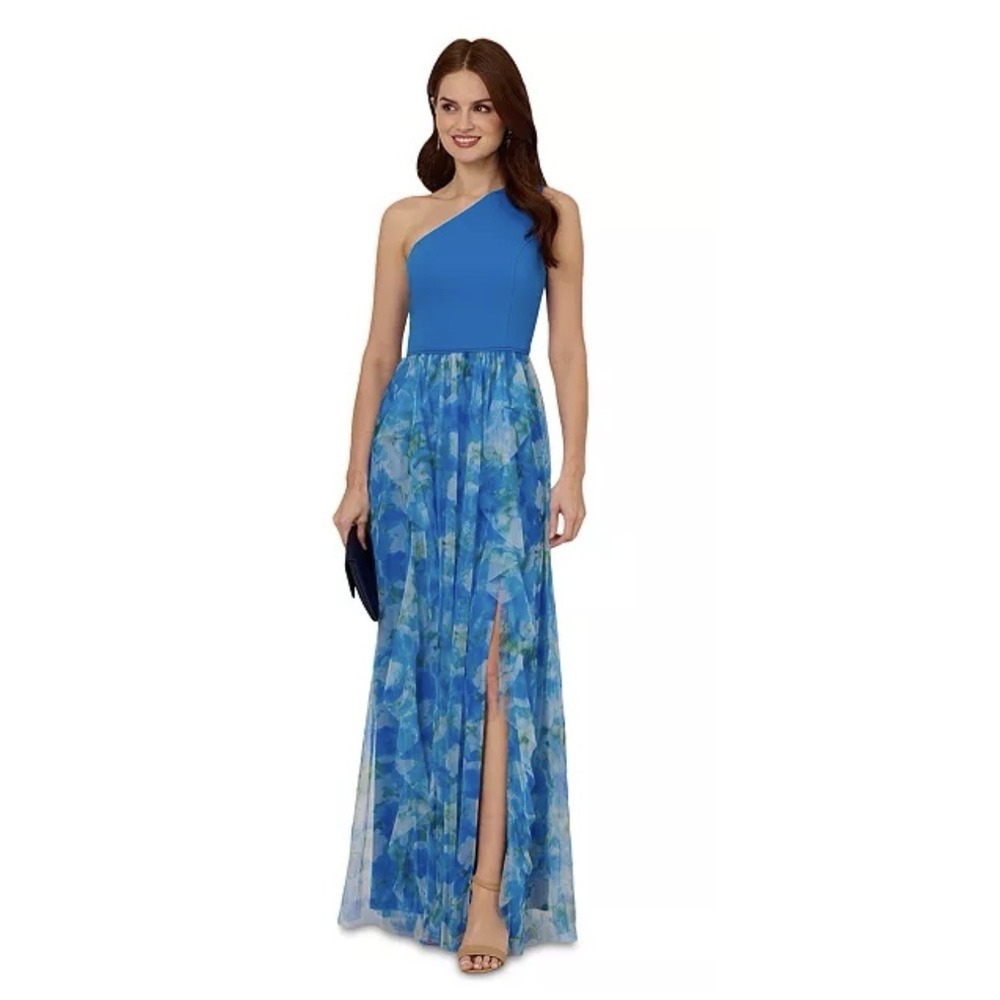 Adrianna Papell Women's Sweetpea Combo Mixed-Media Gown Blue Multi Size 14